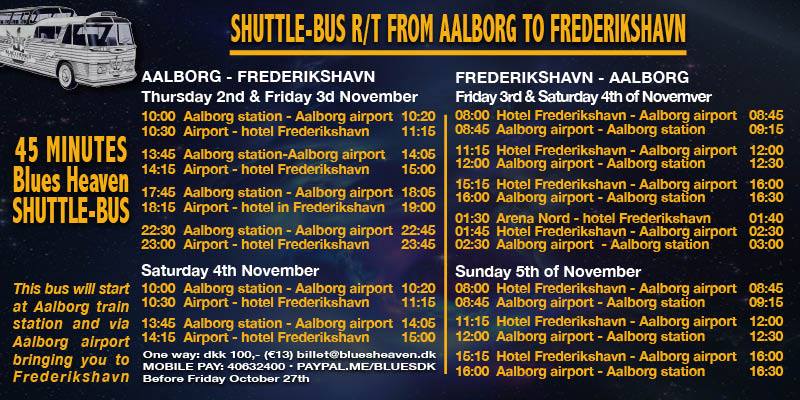 Shuttle image of flyer for Shuttle Bus timings for Blues Heaven in Denmark