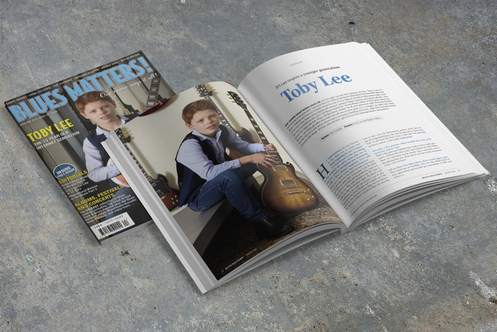 image of Blues Matters magazine edition 101 lying on a table with another copy laying open on top of it with Toby Lee interview showing