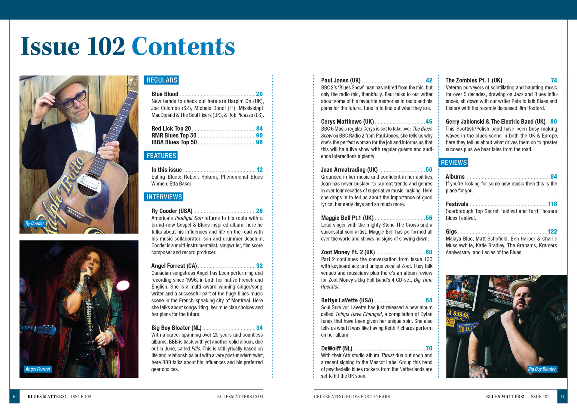 image of the contents page for Blues Matters magazine issue 102