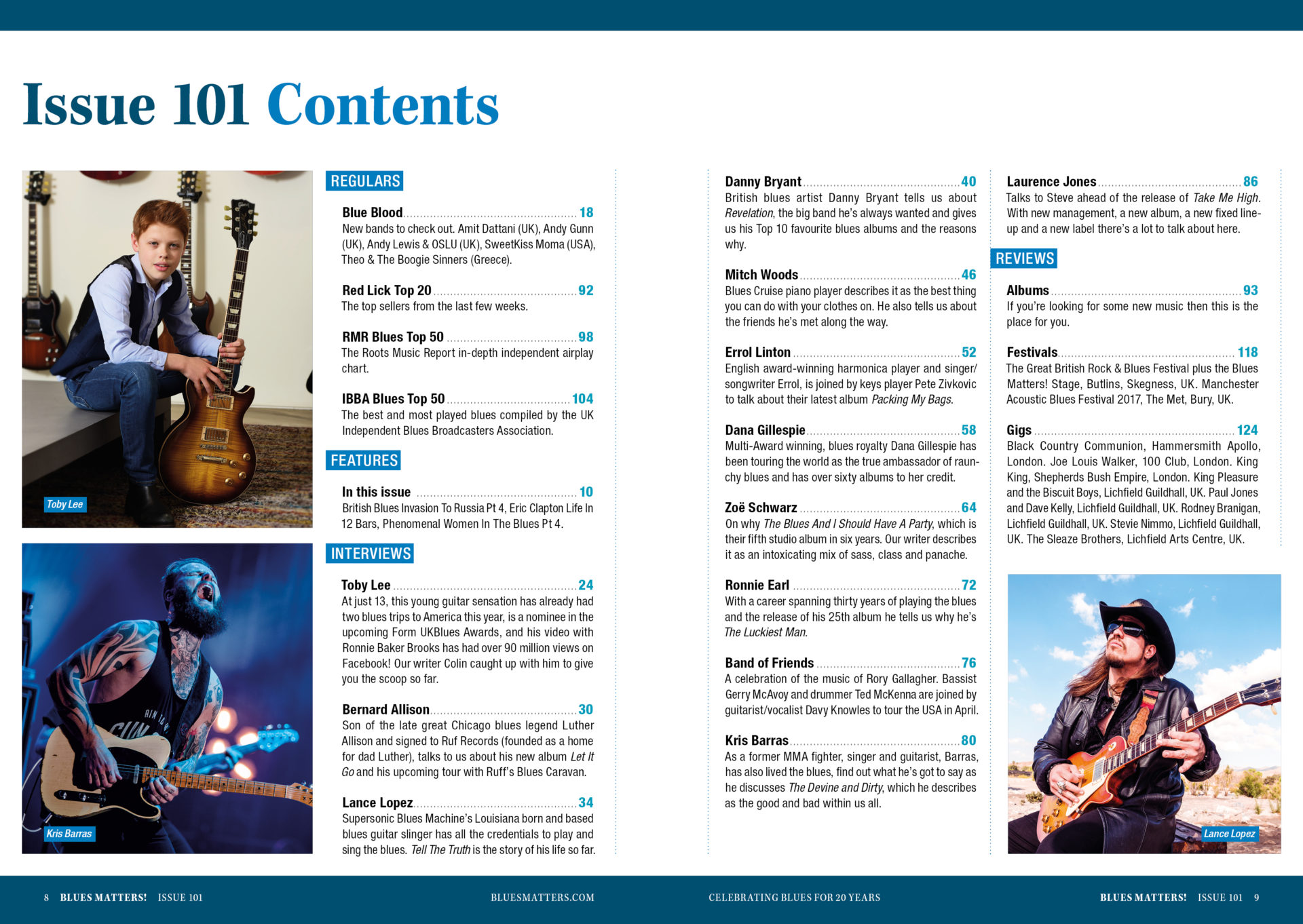 image of the contents page for Blues Matters magazine, issue 101