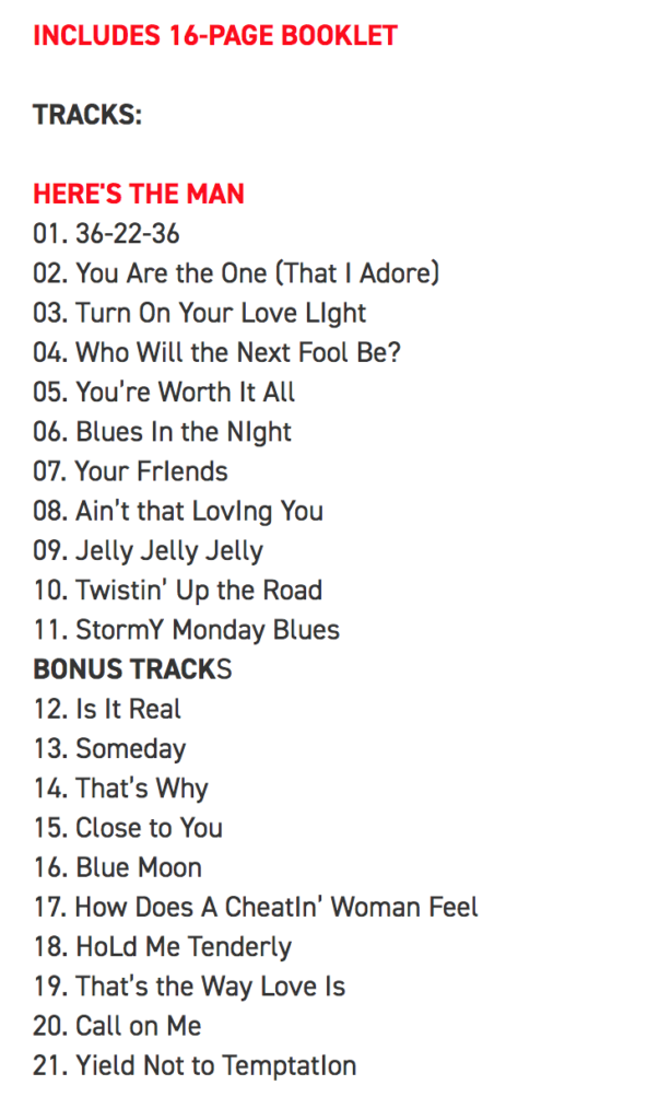Image of the Track listing for Bobby Bland's Here's The Man reissue with 10 bonus tracks