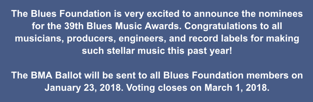 image for an advert for Blues Music Awards nominees announcement