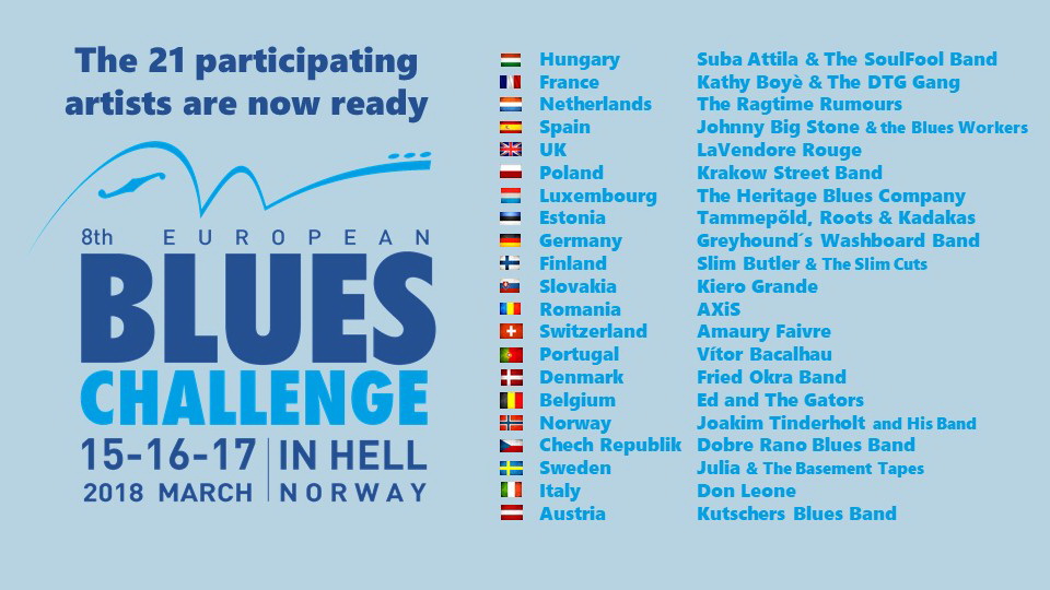image of poster with list of countries and band names competing in the 2018 European Blues Challenge