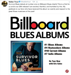 image of walter trout twitter post about being number 1 on the billboard charts