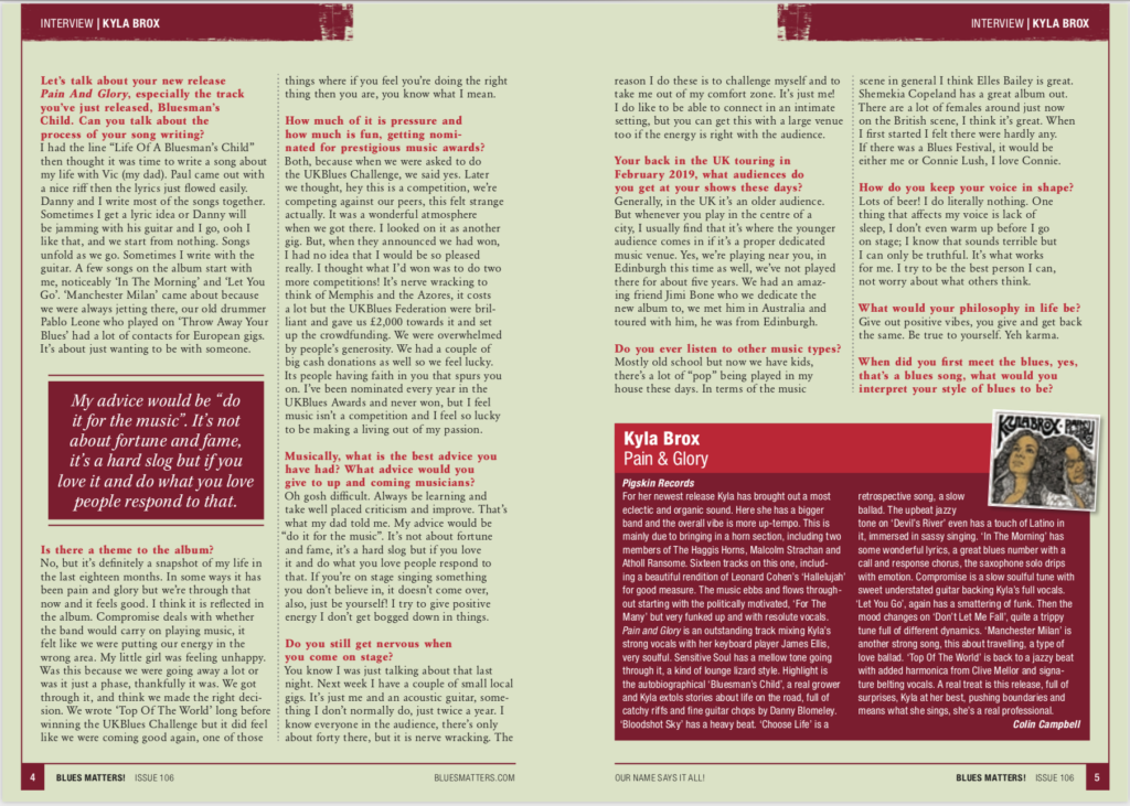 image of klya brox interview in issue 106 of blues matters magazine