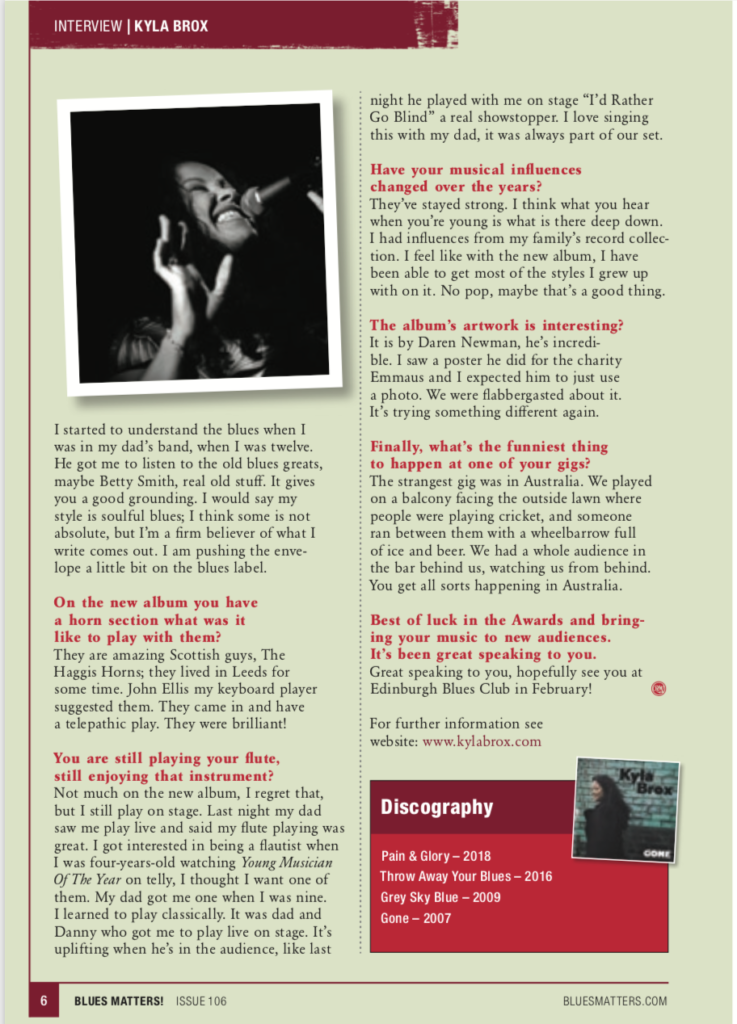 image of klya brox interview in issue 106 of blues matters magazine