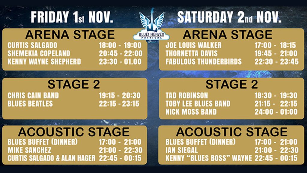 image of stage times for blues heaven festival in denmark in november