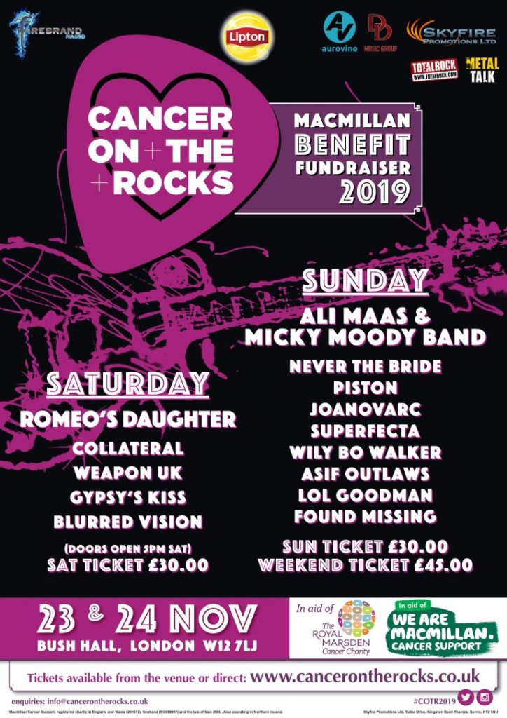 poster of bands at cancer on the rocks festival london