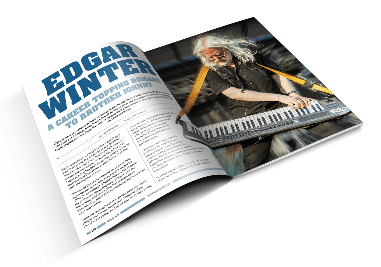 image of blues matters issue 115 with walter trout on cover and image of bobby rush inside