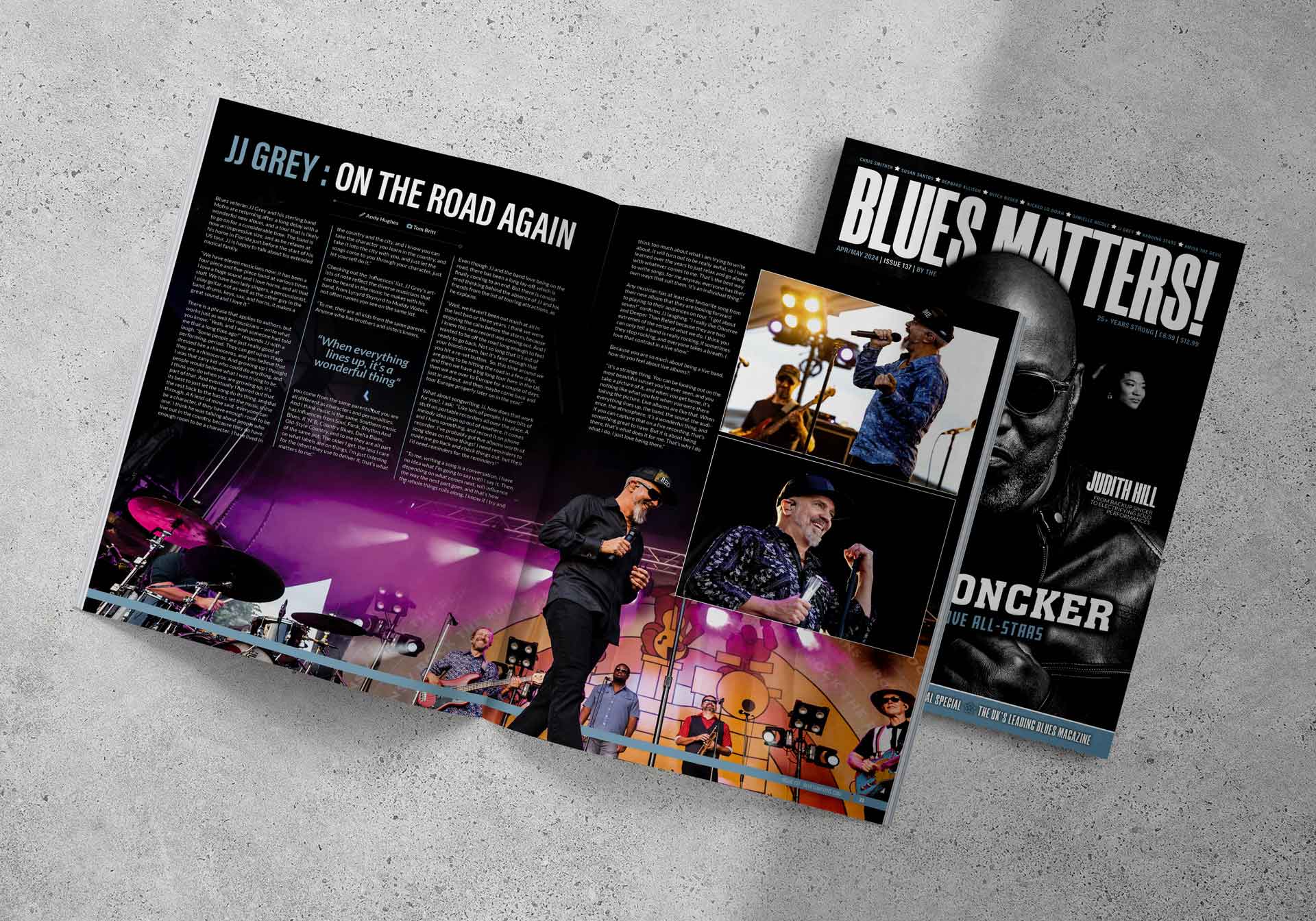 image of blues matters issue 115 with walter trout on cover and image of bobby rush inside