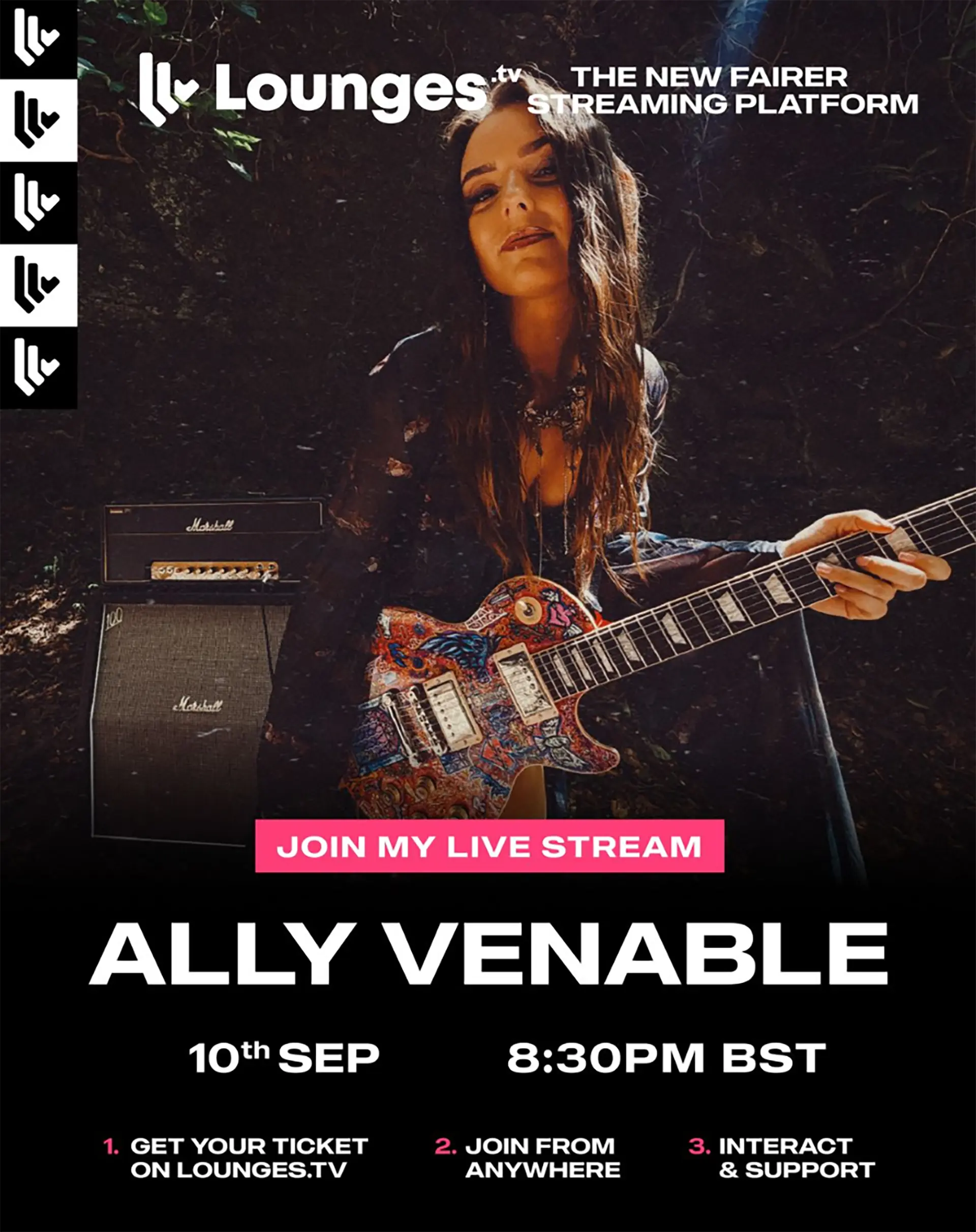 Anuncio de la retransmisión mundial del concierto de Ally Venable en el 100 Club de Londres